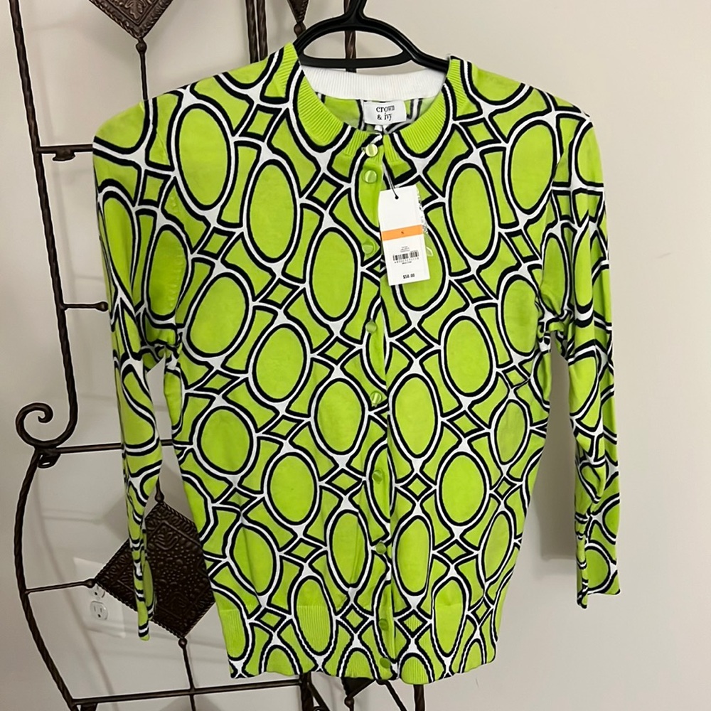 Crown Ivy Cardigan Sweater Button Front 3/4 Sleeve Bright Green Geometric Size S